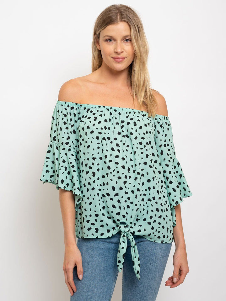 WOMEN'S OFF SHOULDER ANIMAL PRINT FRONT TIE TOP