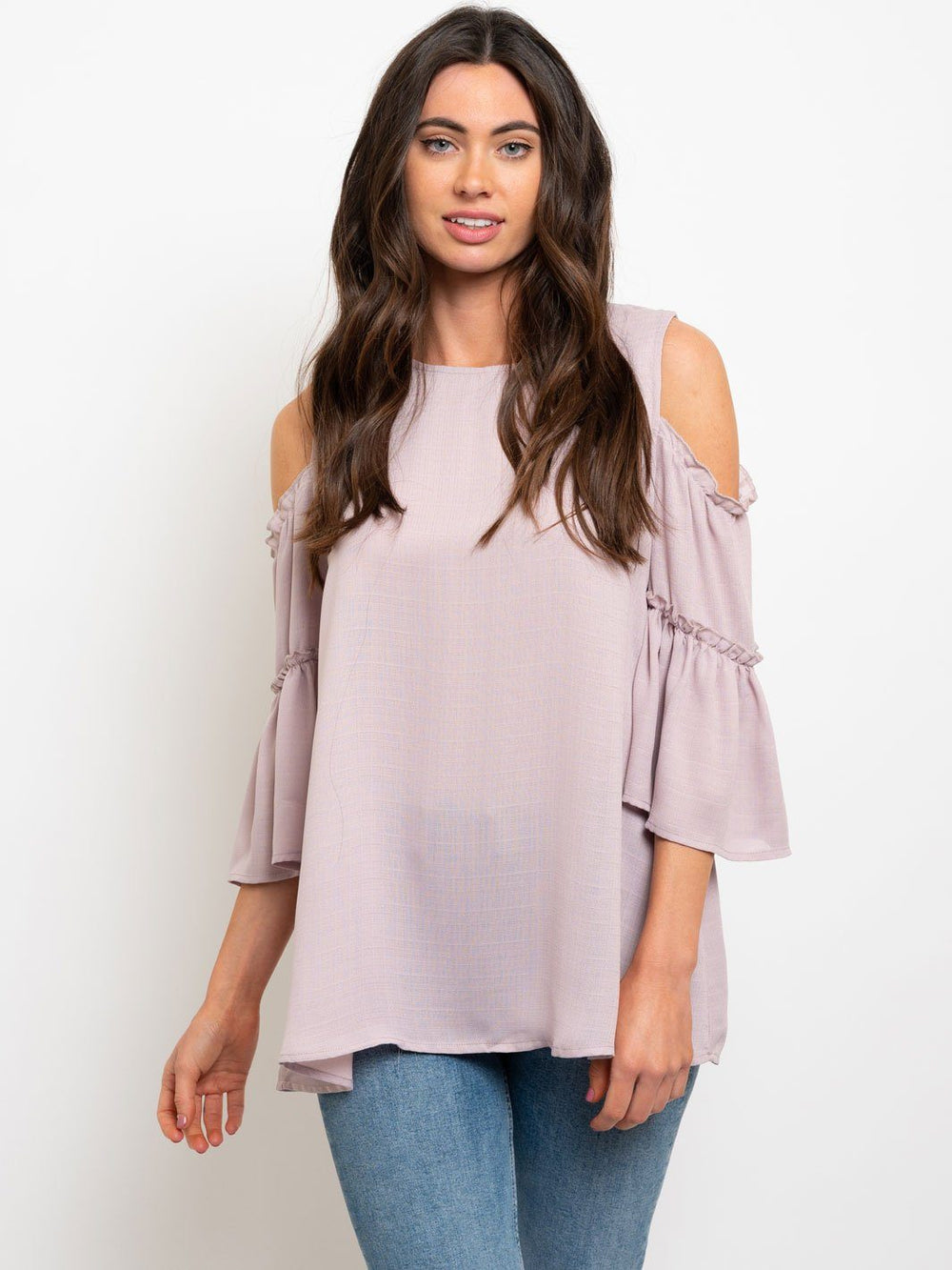 COLD SHOULDER TIERED BELL SLEEVES WOVEN TOP