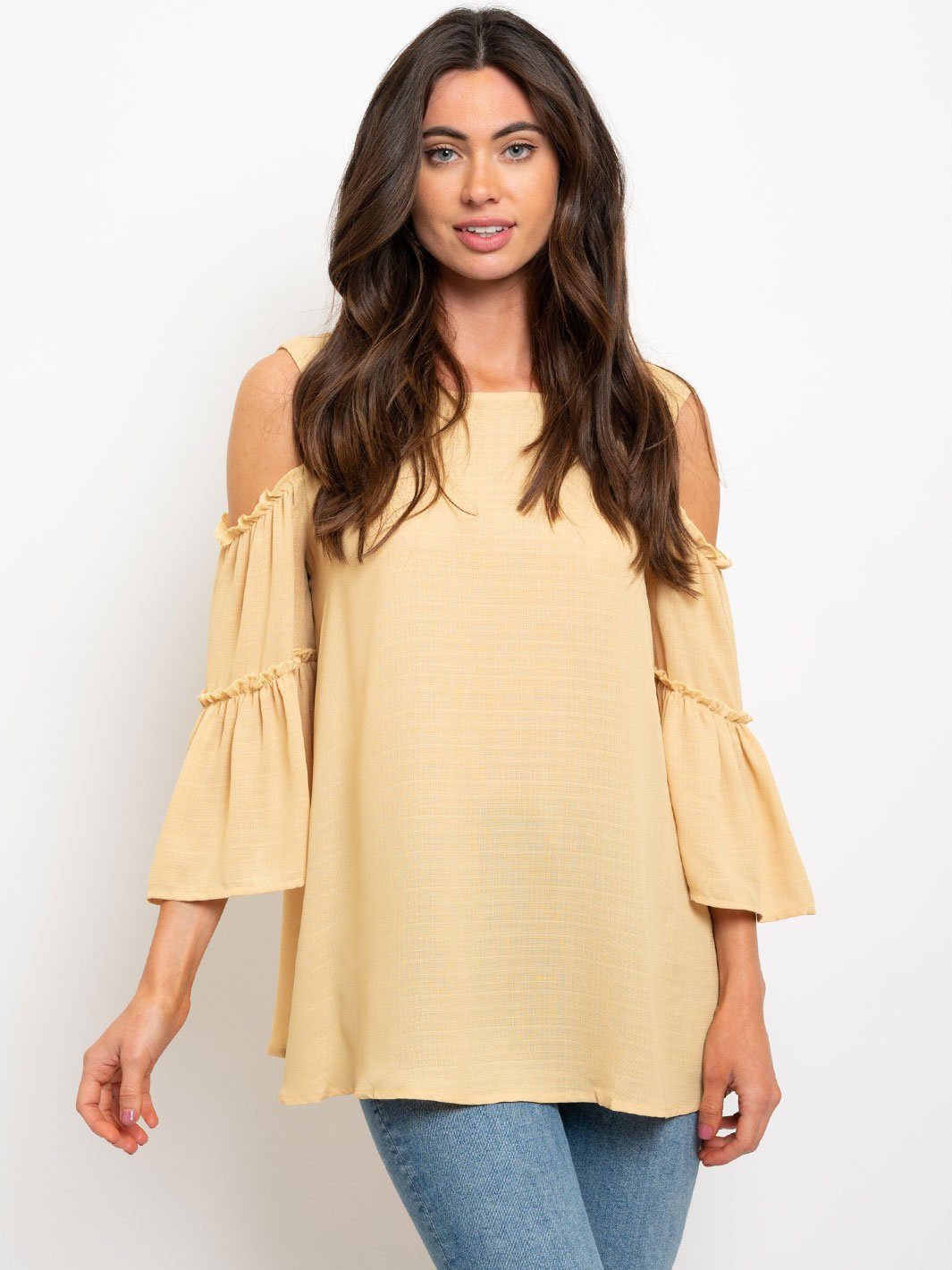 COLD SHOULDER TIERED BELL SLEEVES WOVEN TOP
