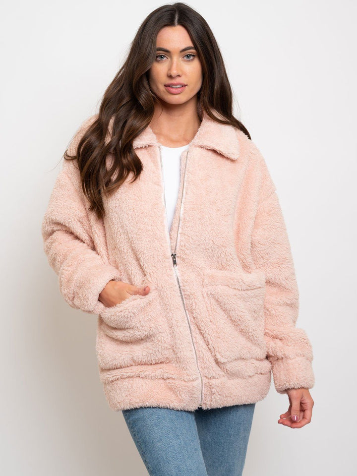 WOMEN'S OVERSIZED ZIP UP TEDDY TRUCKER JACKET