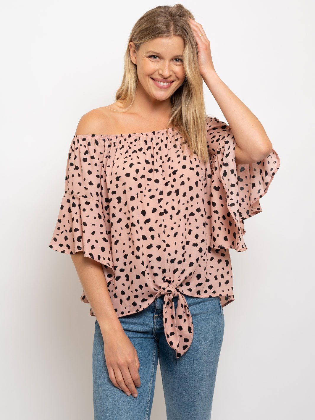 WOMEN'S OFF SHOULDER ANIMAL PRINT FRONT TIE TOP