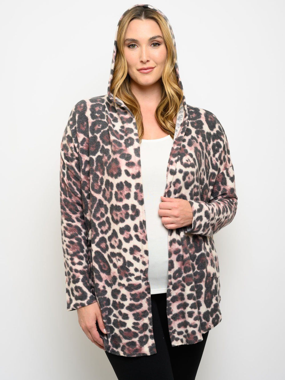 PLUS SIZE ANIMAL PRINT LONG SLEEVE HOODIE CARDIGAN