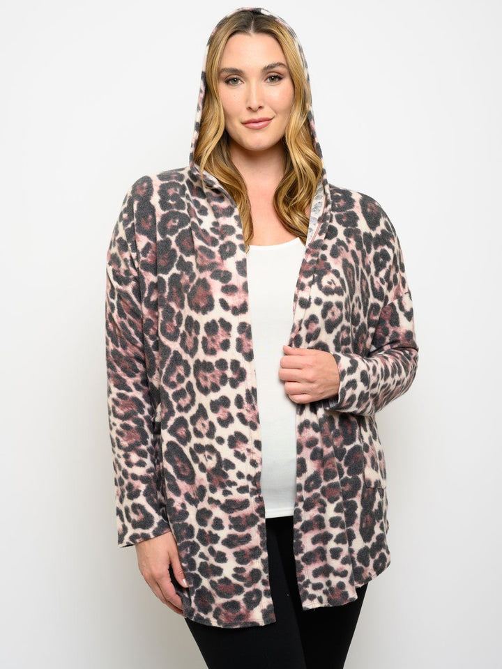PLUS SIZE ANIMAL PRINT LONG SLEEVE HOODIE CARDIGAN