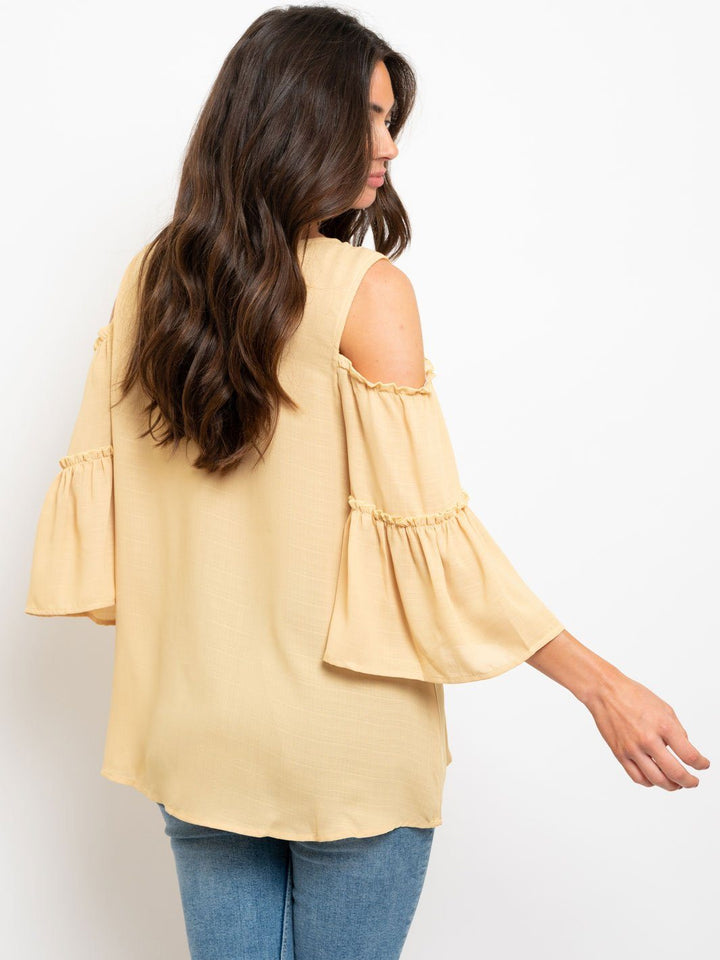 COLD SHOULDER TIERED BELL SLEEVES WOVEN TOP