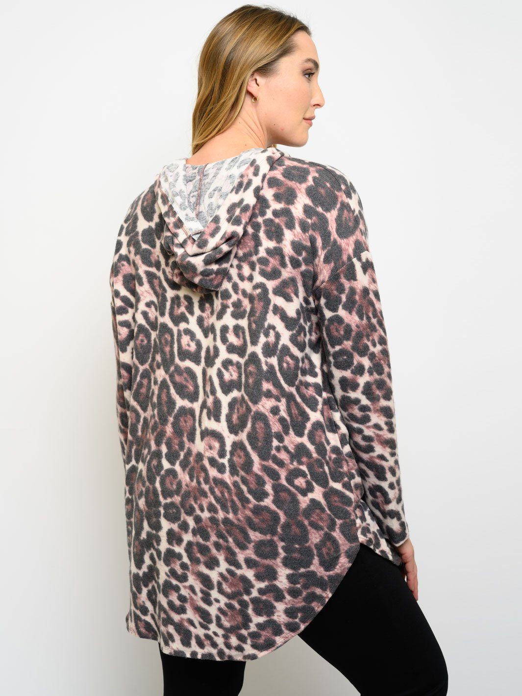PLUS SIZE ANIMAL PRINT LONG SLEEVE HOODIE CARDIGAN