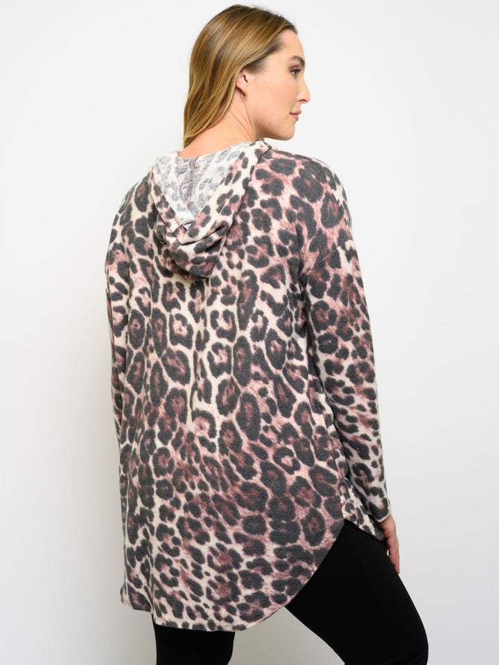 PLUS SIZE ANIMAL PRINT LONG SLEEVE HOODIE CARDIGAN