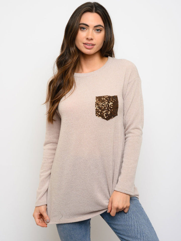 WOMEN'S FRONT KNOT SEQUIN POCKET LONG SLEEVE TOP