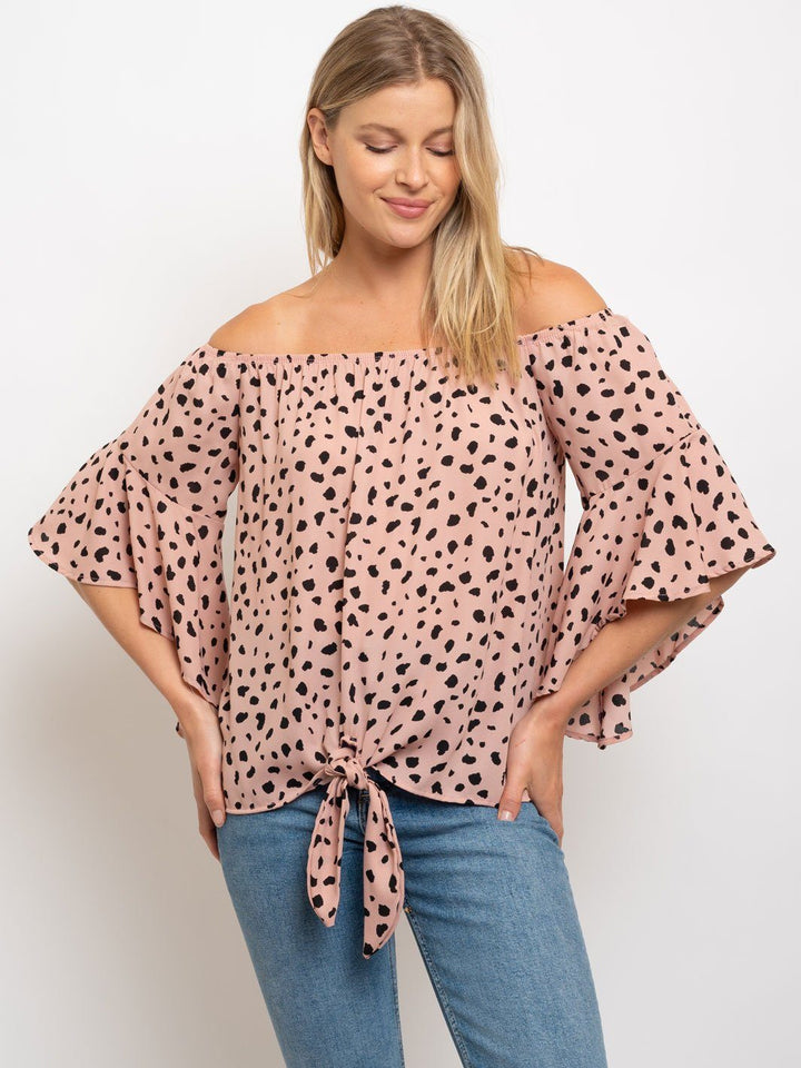 WOMEN'S OFF SHOULDER ANIMAL PRINT FRONT TIE TOP