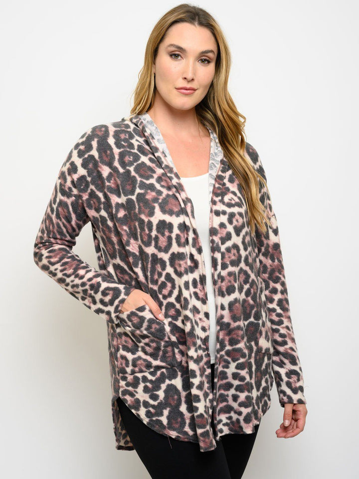 PLUS SIZE ANIMAL PRINT LONG SLEEVE HOODIE CARDIGAN