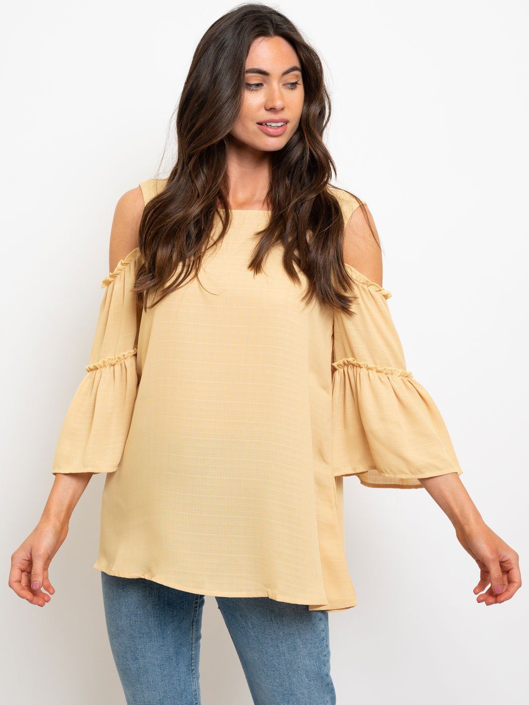 COLD SHOULDER TIERED BELL SLEEVES WOVEN TOP