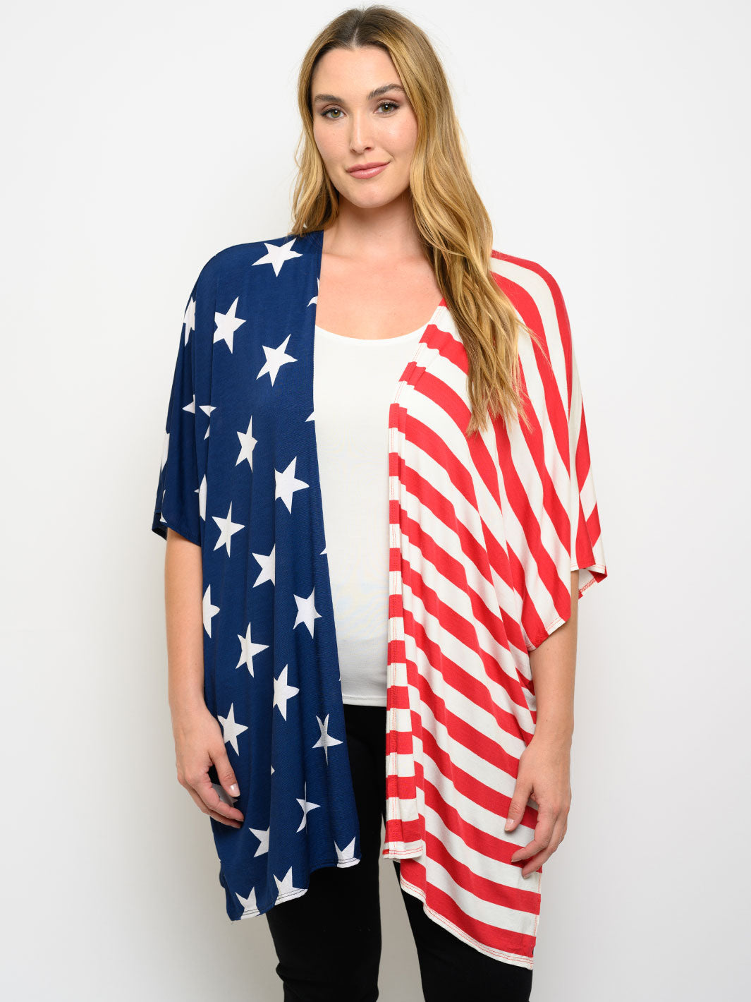 PLUS SIZE SHORT SLEEVE STARS PRINT CARDIGAN
