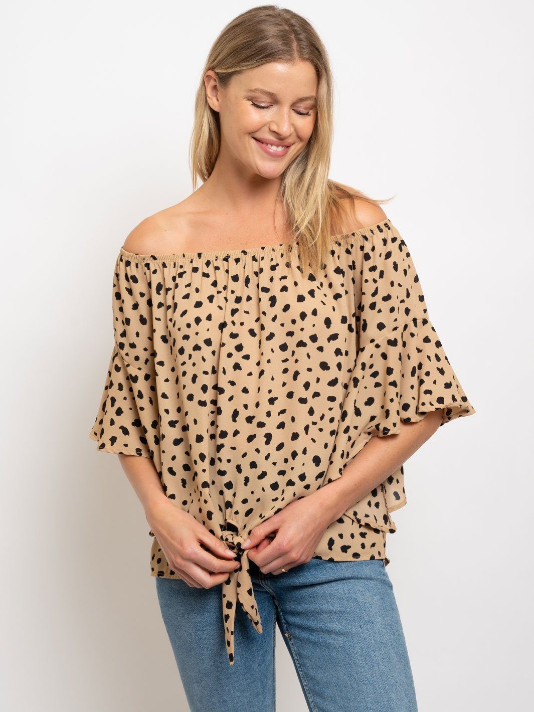 WOMEN'S OFF SHOULDER ANIMAL PRINT FRONT TIE TOP