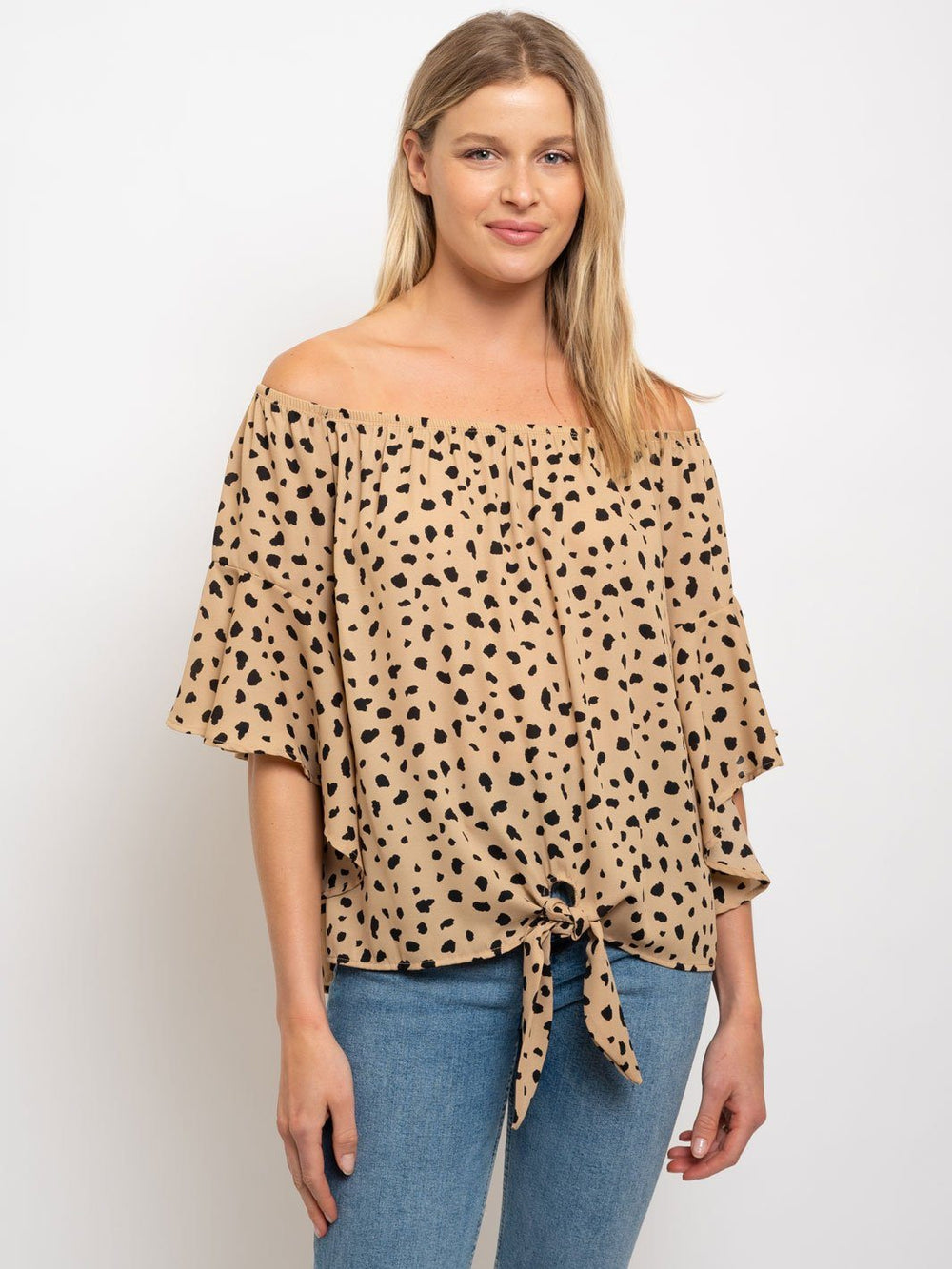 WOMEN'S OFF SHOULDER ANIMAL PRINT FRONT TIE TOP