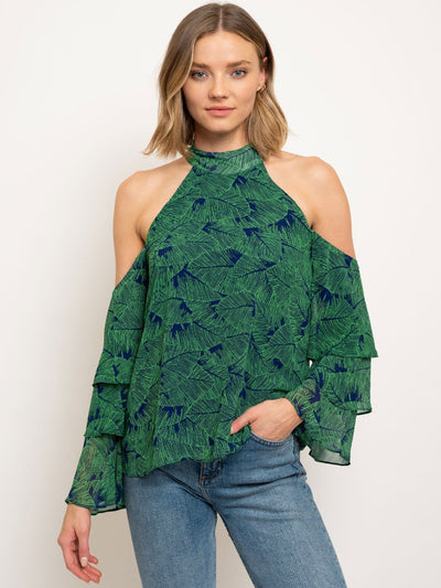WOMEN'S COLD SHOULDER LEAF PRINT TOP