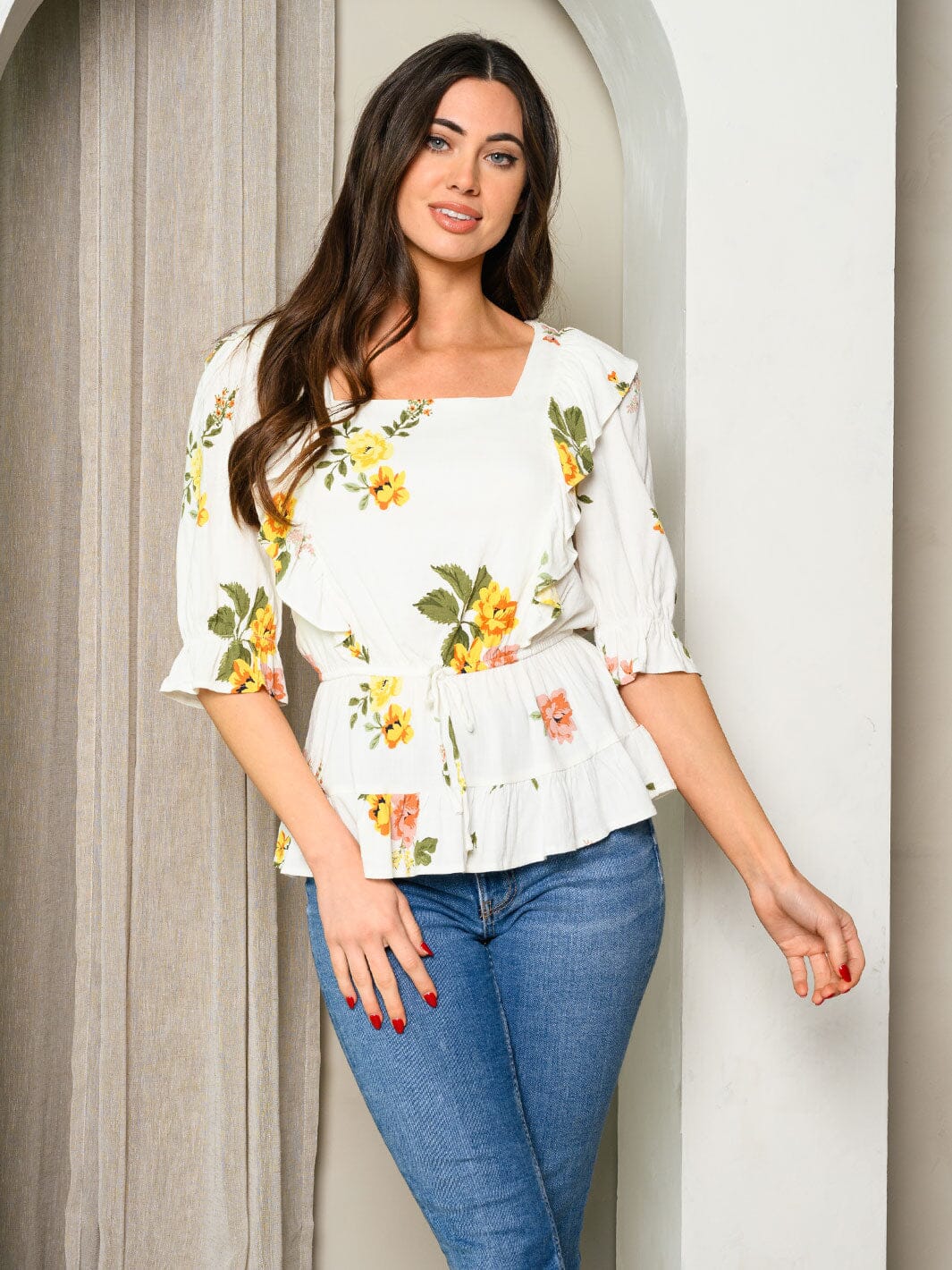 WOMEN'S 3/4 SLEEVE RUFFLE PEPLUM FLORAL TOP