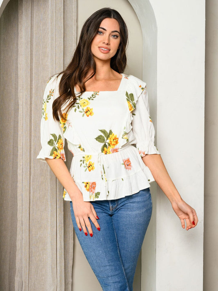 WOMEN'S 3/4 SLEEVE RUFFLE PEPLUM FLORAL TOP