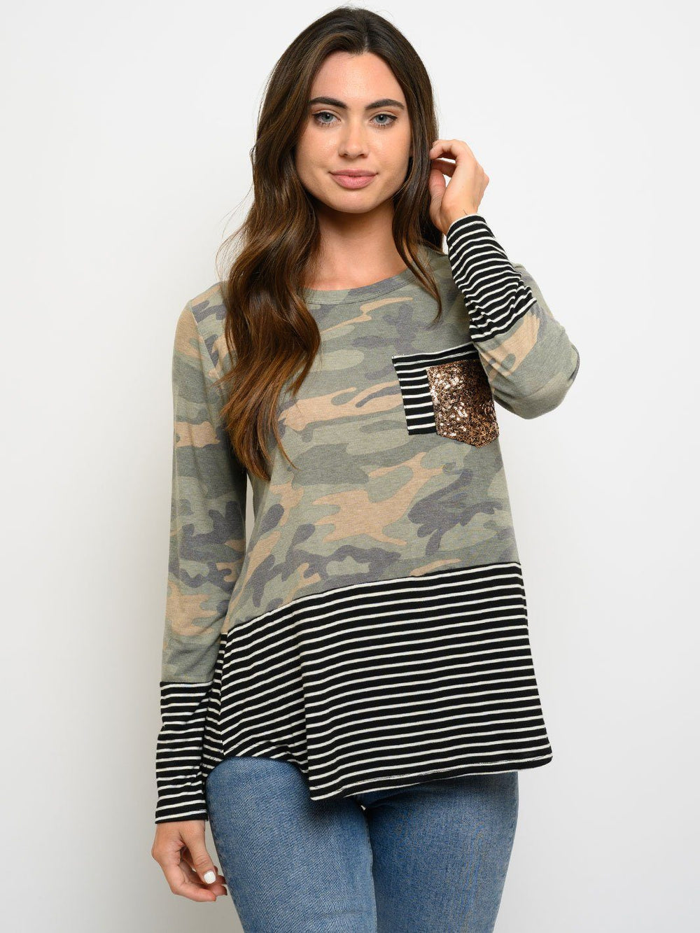 WOMEN'S LONG SLEEVE CAMO STRIPES PRINT SEQUINS POCKET TOP
