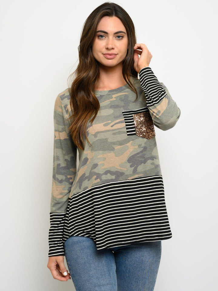 WOMEN'S LONG SLEEVE CAMO STRIPES PRINT SEQUINS POCKET TOP