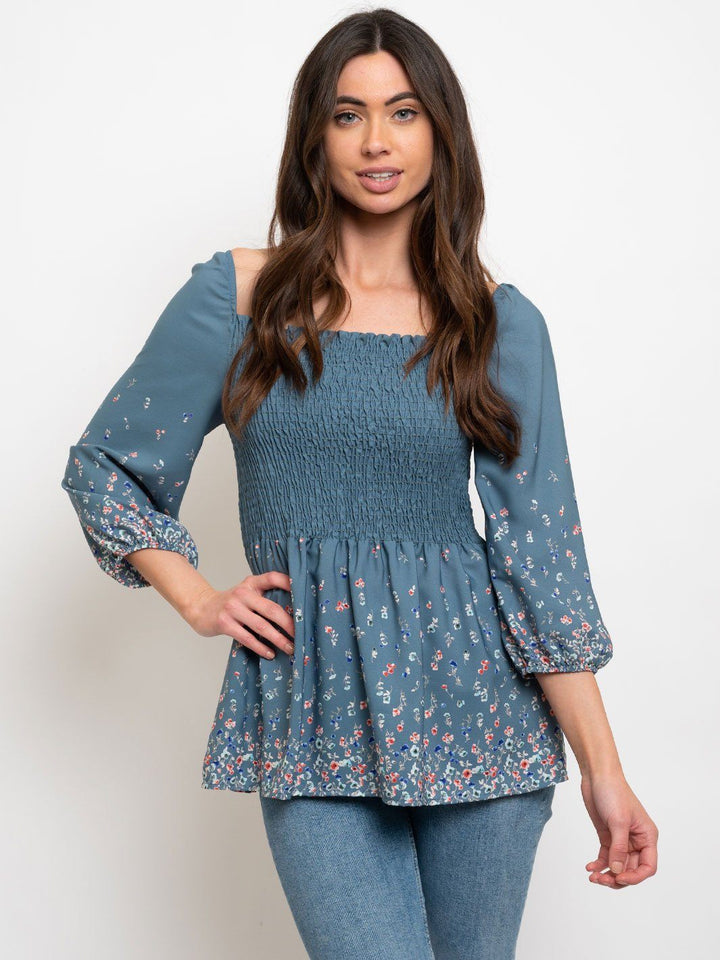 WOMEN'S SMOCKING WAIST FLORAL TOP