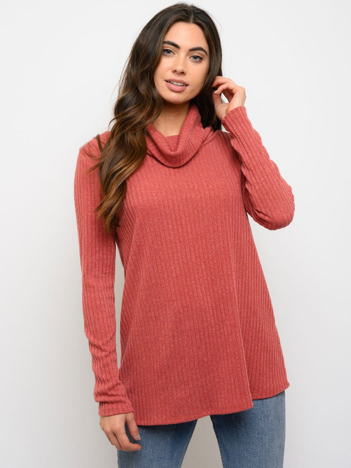 WOMEN'S RIB COWL NECK LONG SLEEVE TOP