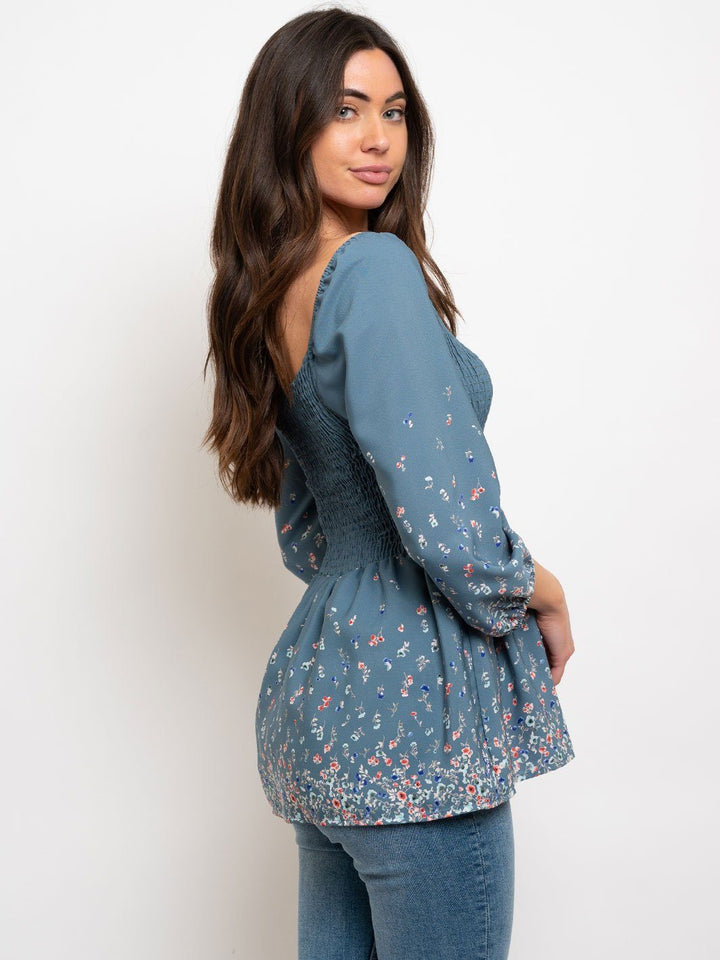 WOMEN'S SMOCKING WAIST FLORAL TOP
