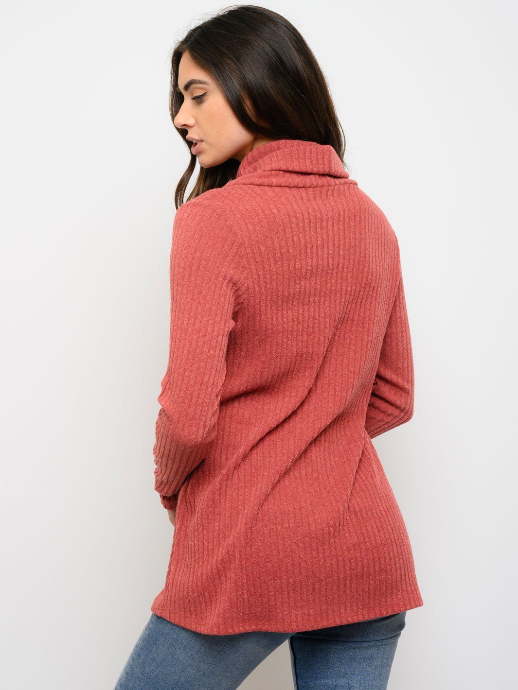 WOMEN'S RIB COWL NECK LONG SLEEVE TOP