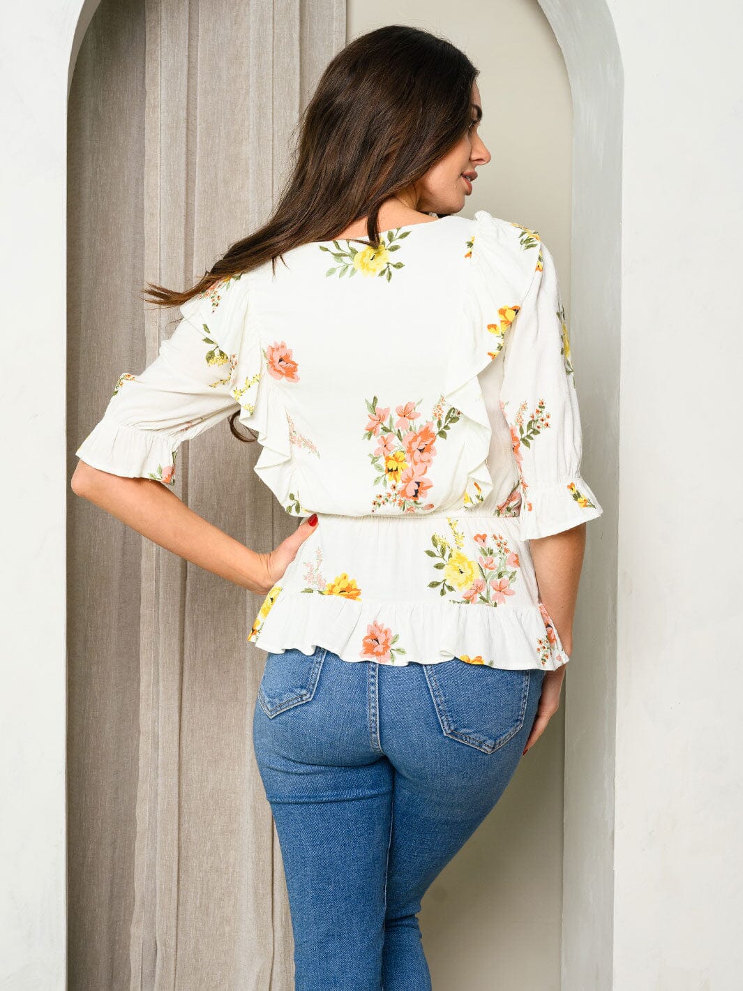 WOMEN'S 3/4 SLEEVE RUFFLE PEPLUM FLORAL TOP