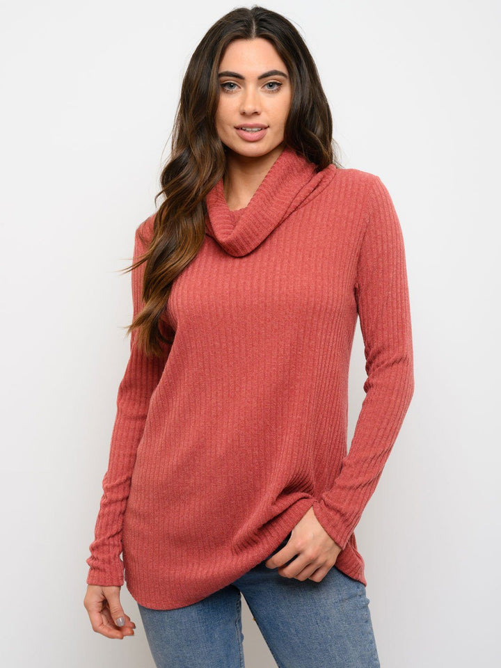 WOMEN'S RIB COWL NECK LONG SLEEVE TOP