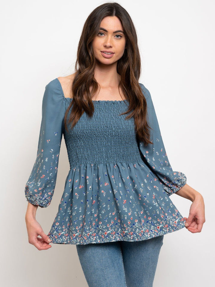 WOMEN'S SMOCKING WAIST FLORAL TOP