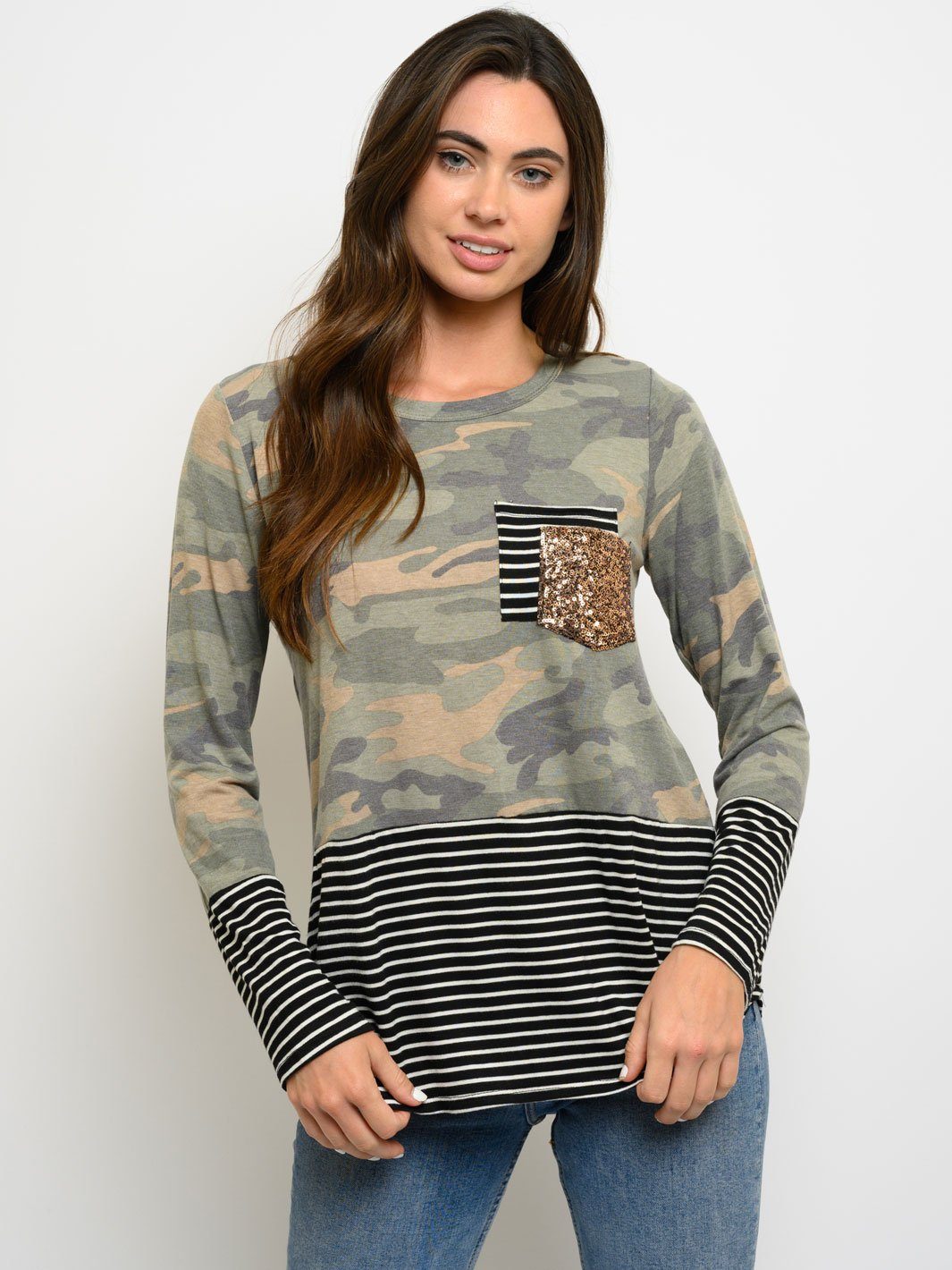 WOMEN'S LONG SLEEVE CAMO STRIPES PRINT SEQUINS POCKET TOP