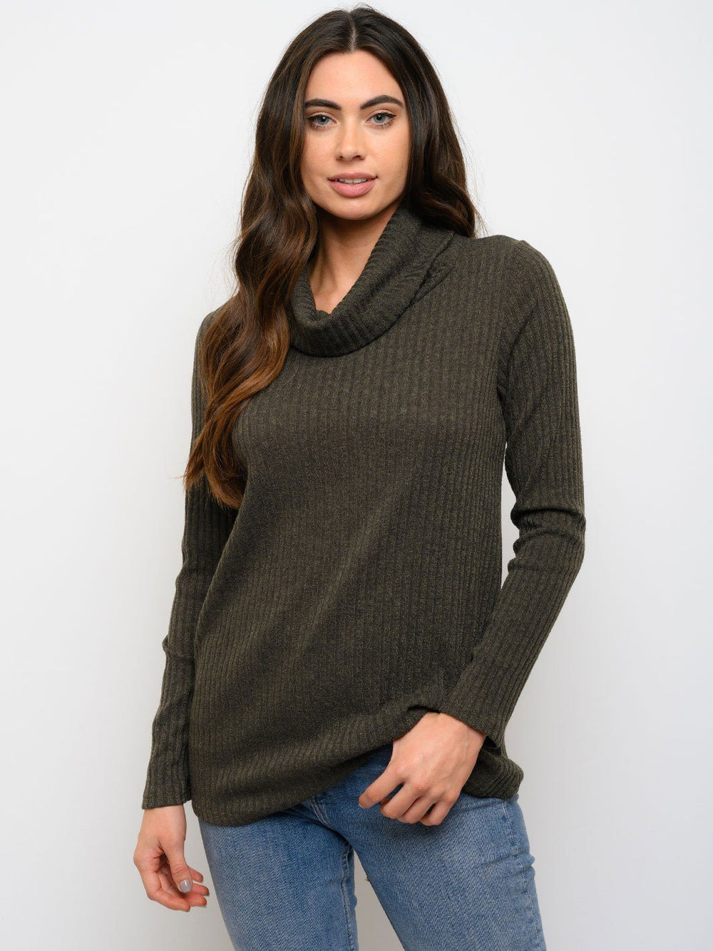 WOMEN'S RIB COWL NECK LONG SLEEVE TOP