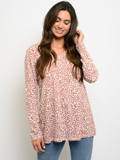 WOMEN'S LONG SLEEVE ANIMAL PRINT V-NECK TOP