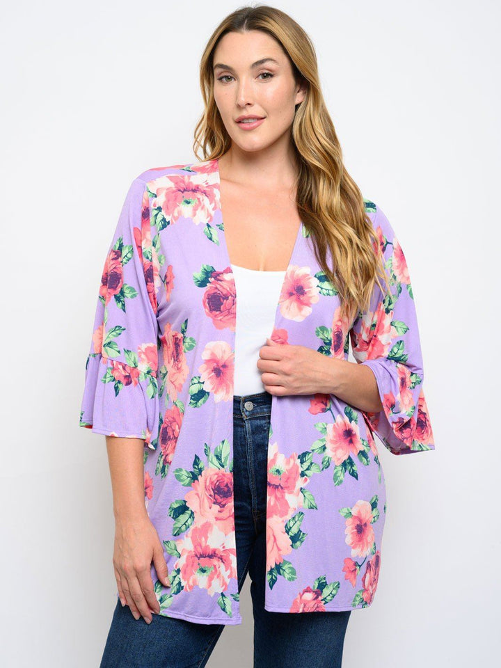 PLUS SIZE 3/4 SLEEVE FLORAL KIMONO