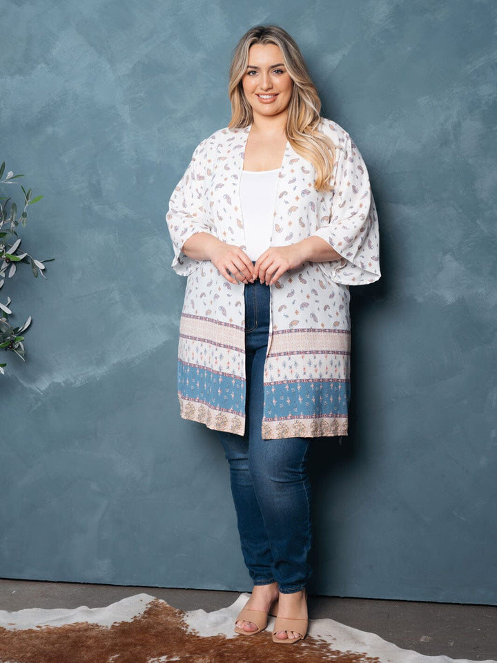 PLUS SIZE SHORT SLEEVE OPEN FRONT MULTI PRINT CARDIGAN