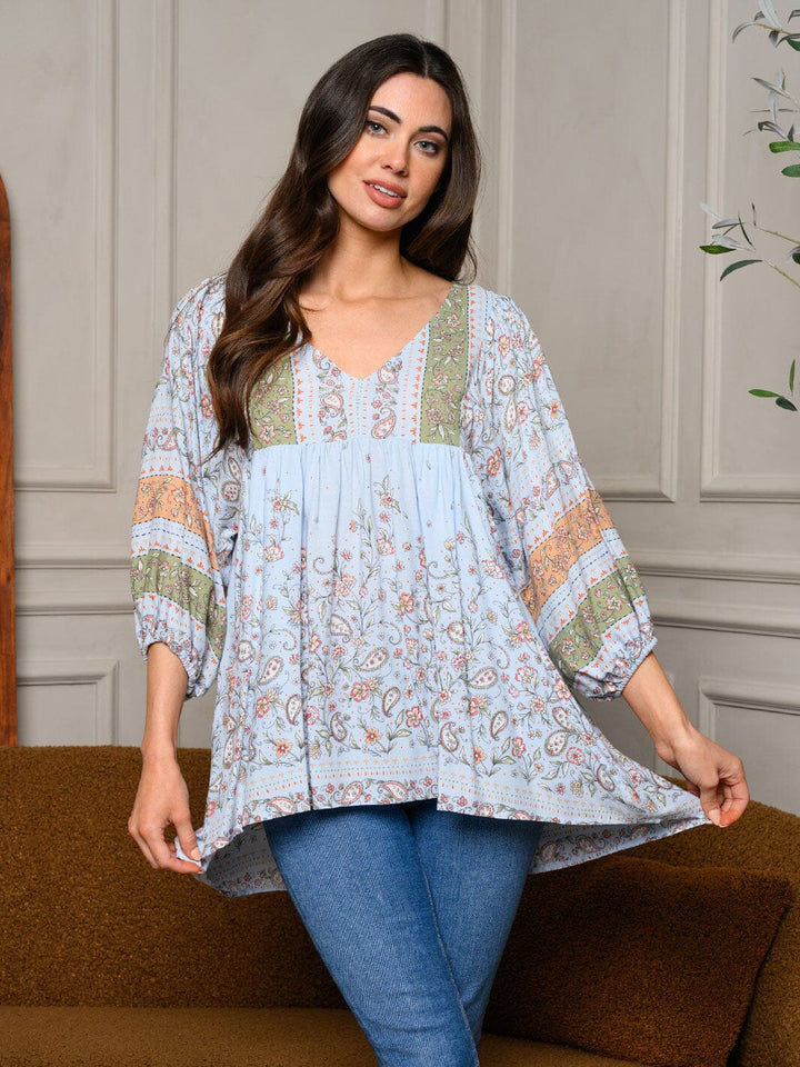 WOMEN'S 3/4 SLEEVE V-NECK HI-LOW POCKETS FLORAL TUNIC TOP