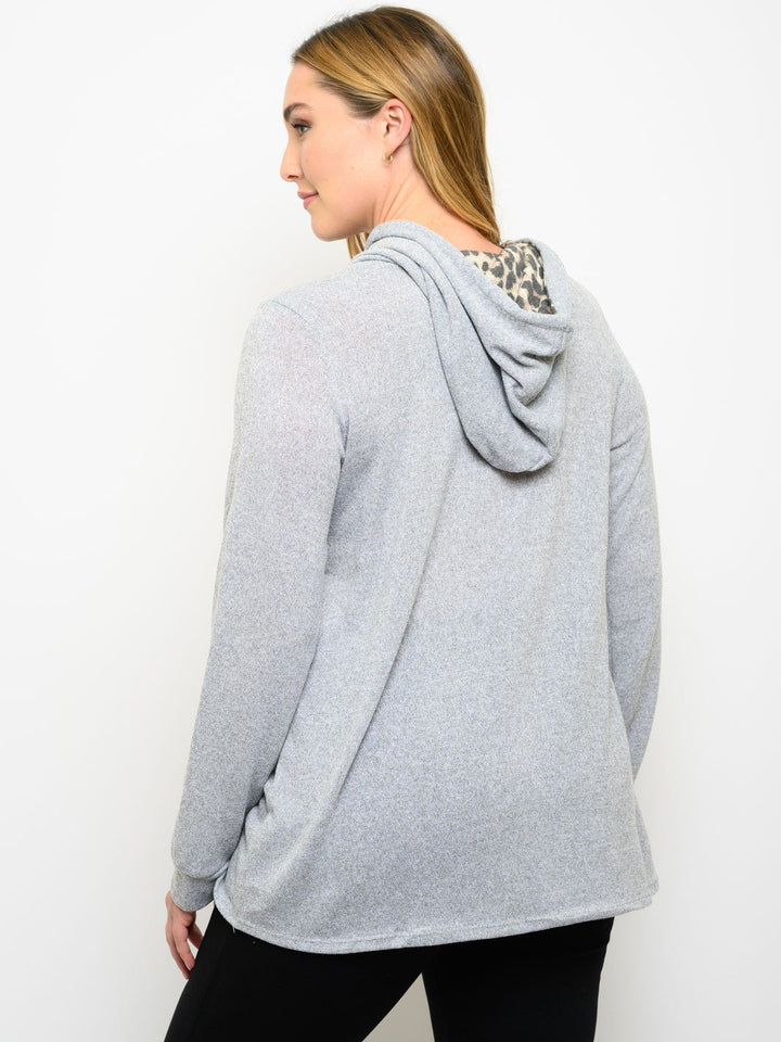 PLUS SIZE ANIMAL PRINT DETAIL HOODIE LONG SLEEVE TOP