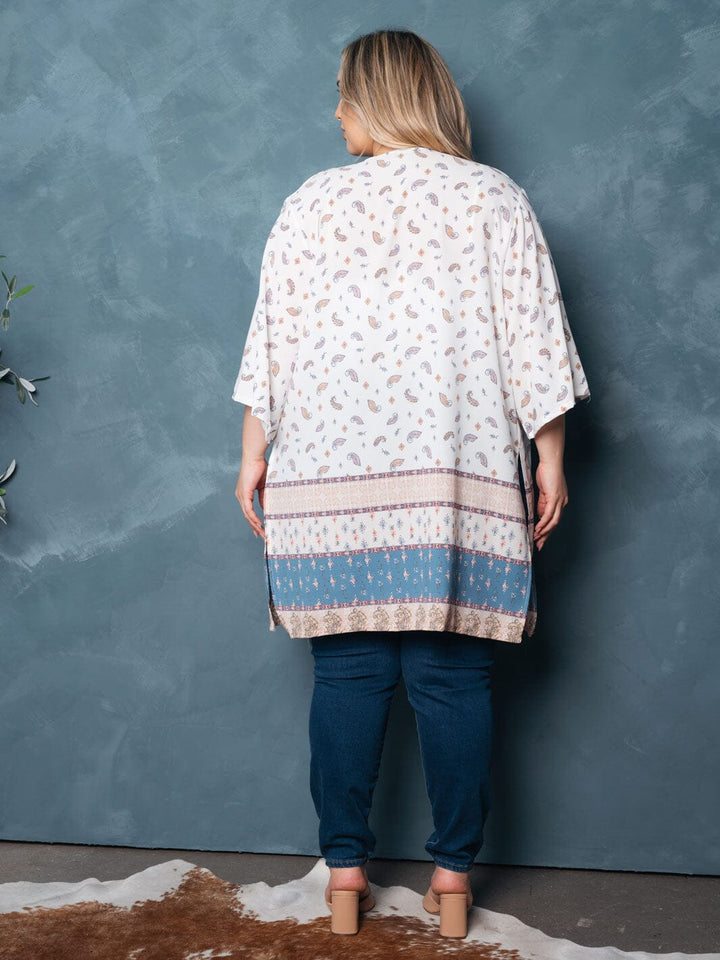 PLUS SIZE SHORT SLEEVE OPEN FRONT MULTI PRINT CARDIGAN