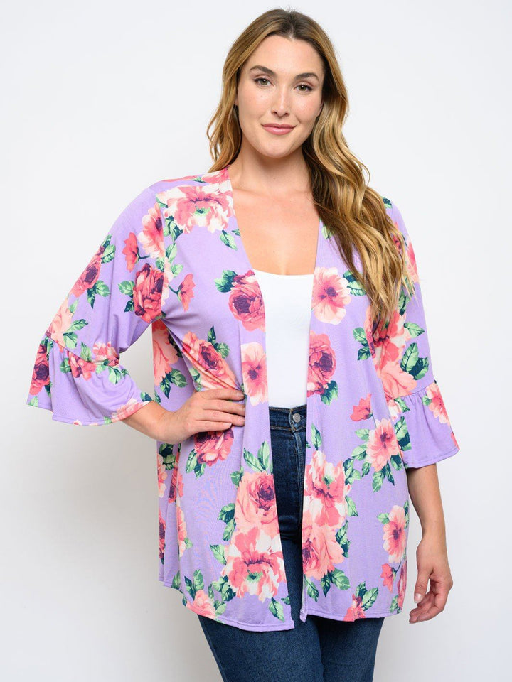 PLUS SIZE 3/4 SLEEVE FLORAL KIMONO