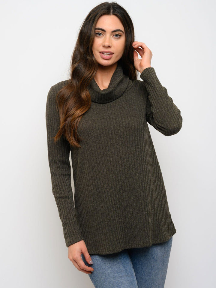 WOMEN'S RIB COWL NECK LONG SLEEVE TOP