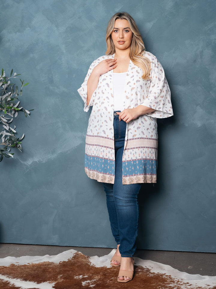 PLUS SIZE SHORT SLEEVE OPEN FRONT MULTI PRINT CARDIGAN