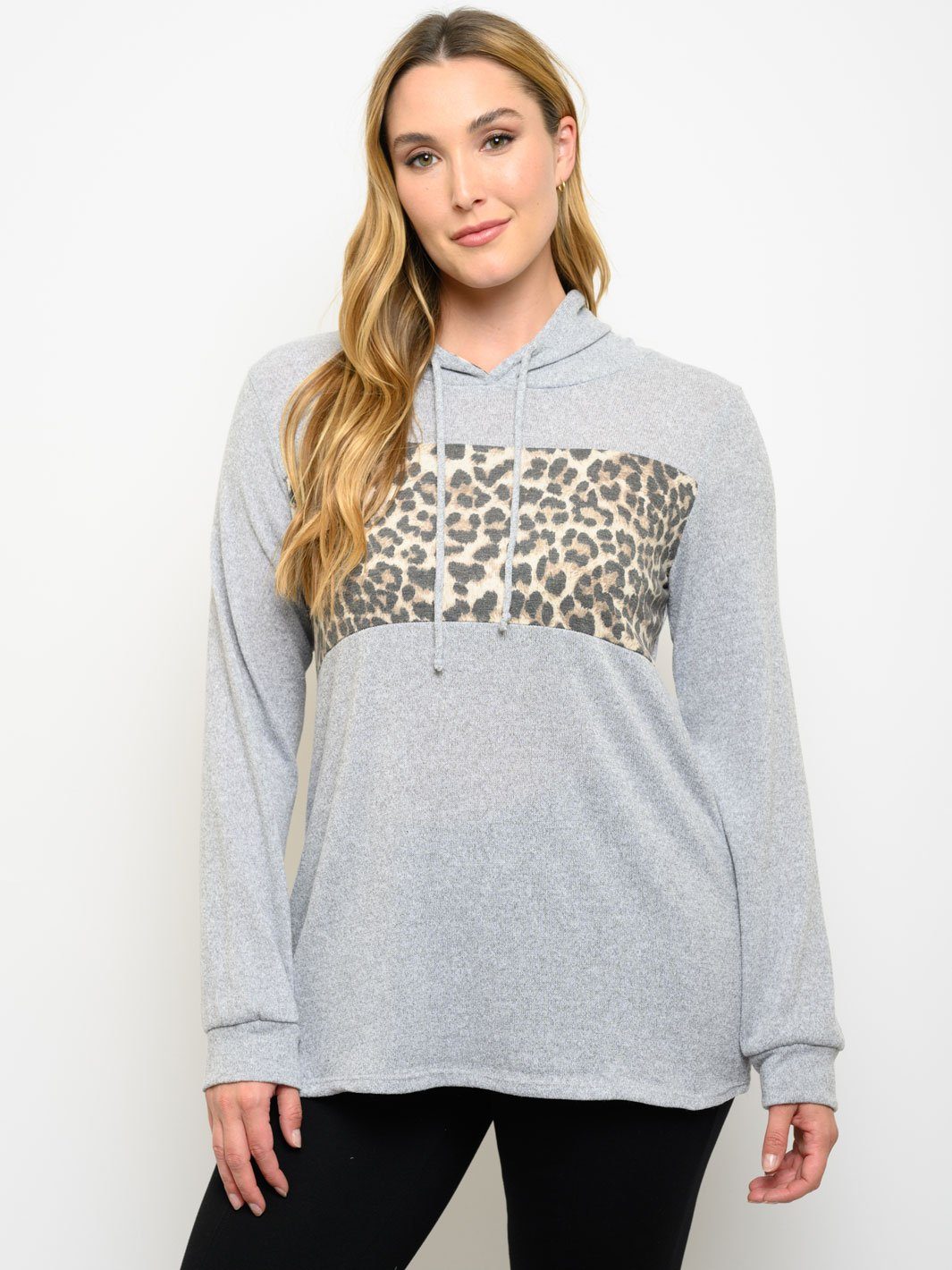 PLUS SIZE ANIMAL PRINT DETAIL HOODIE LONG SLEEVE TOP