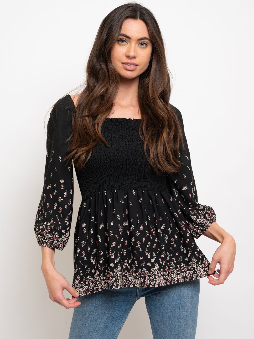 WOMEN'S SMOCKING WAIST FLORAL TOP