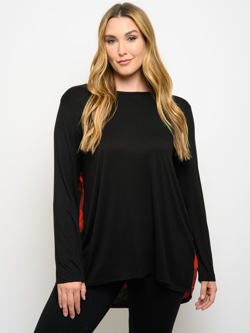 PLUS SIZE LONG SLEEVE PLAID BACK TUNIC TOP