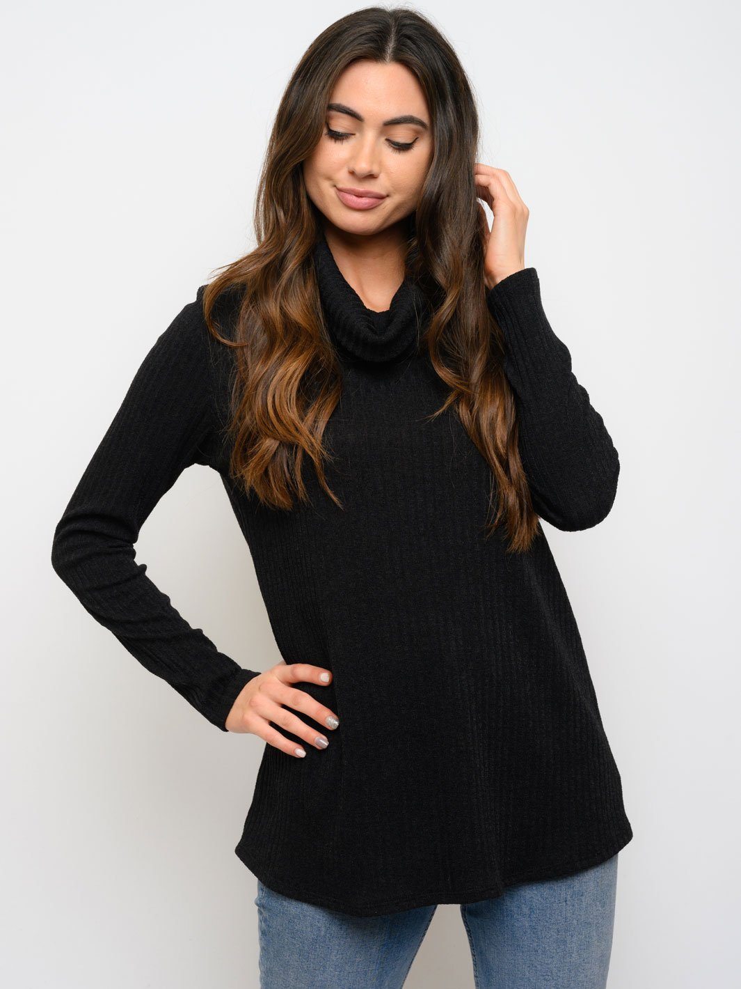 WOMEN'S RIB COWL NECK LONG SLEEVE TOP