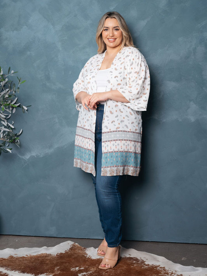 PLUS SIZE SHORT SLEEVE OPEN FRONT MULTI PRINT CARDIGAN