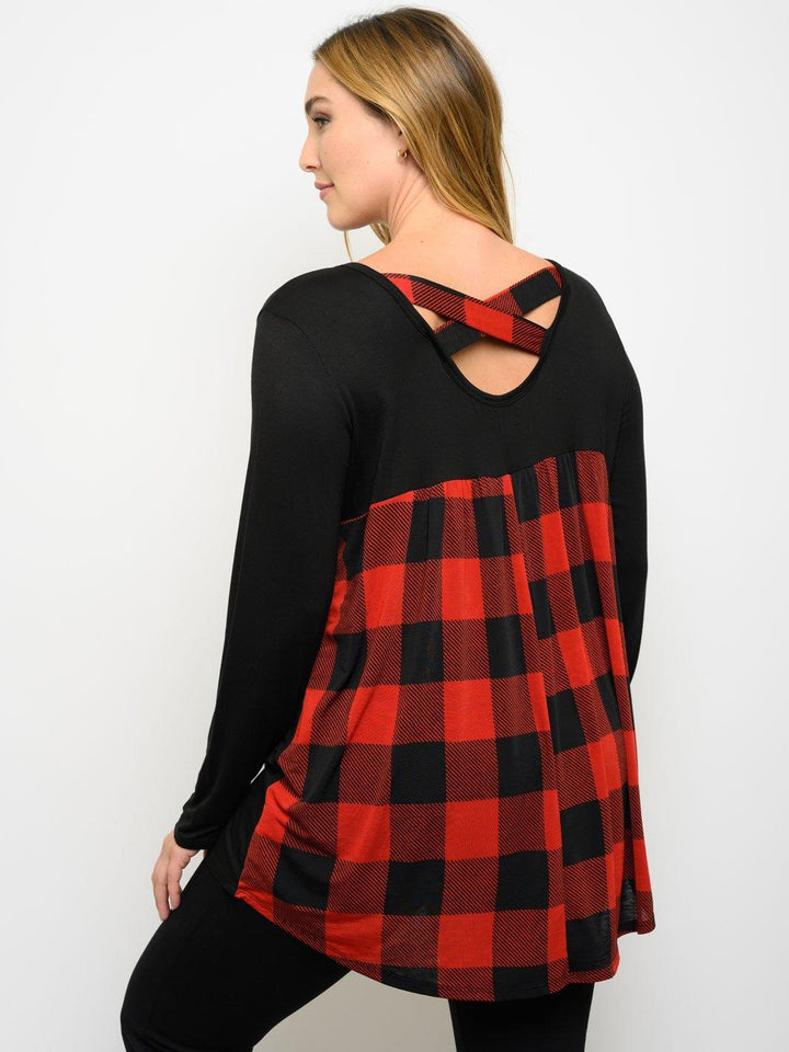 PLUS SIZE LONG SLEEVE PLAID BACK TUNIC TOP