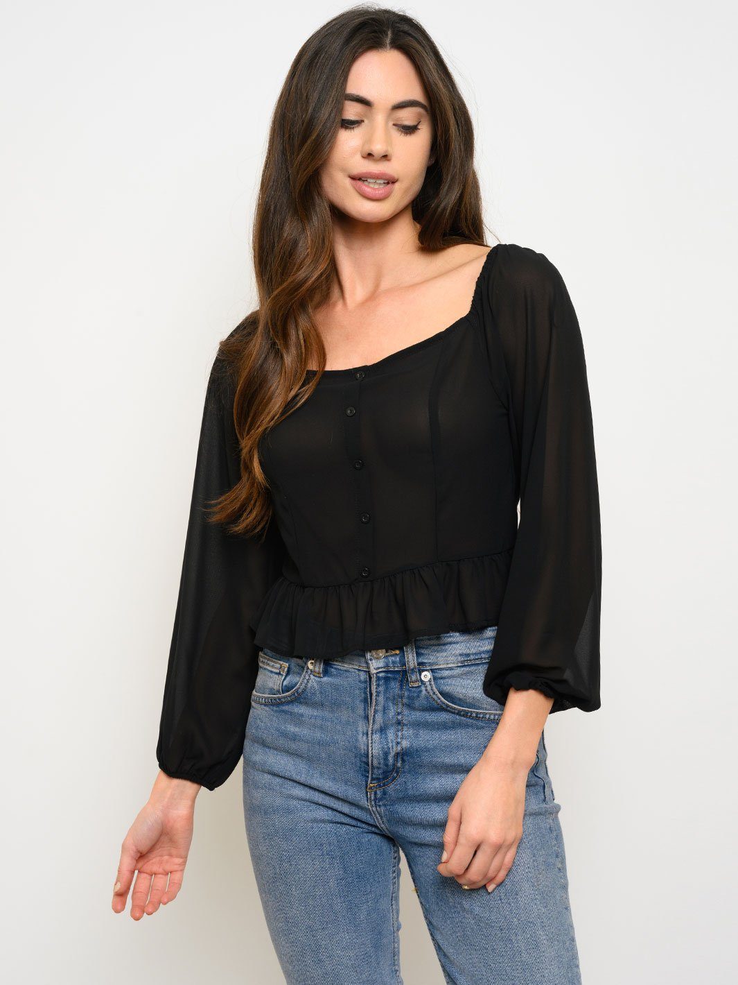 WOMEN'S LONG SLEEVE BUTTON DETAIL TOP