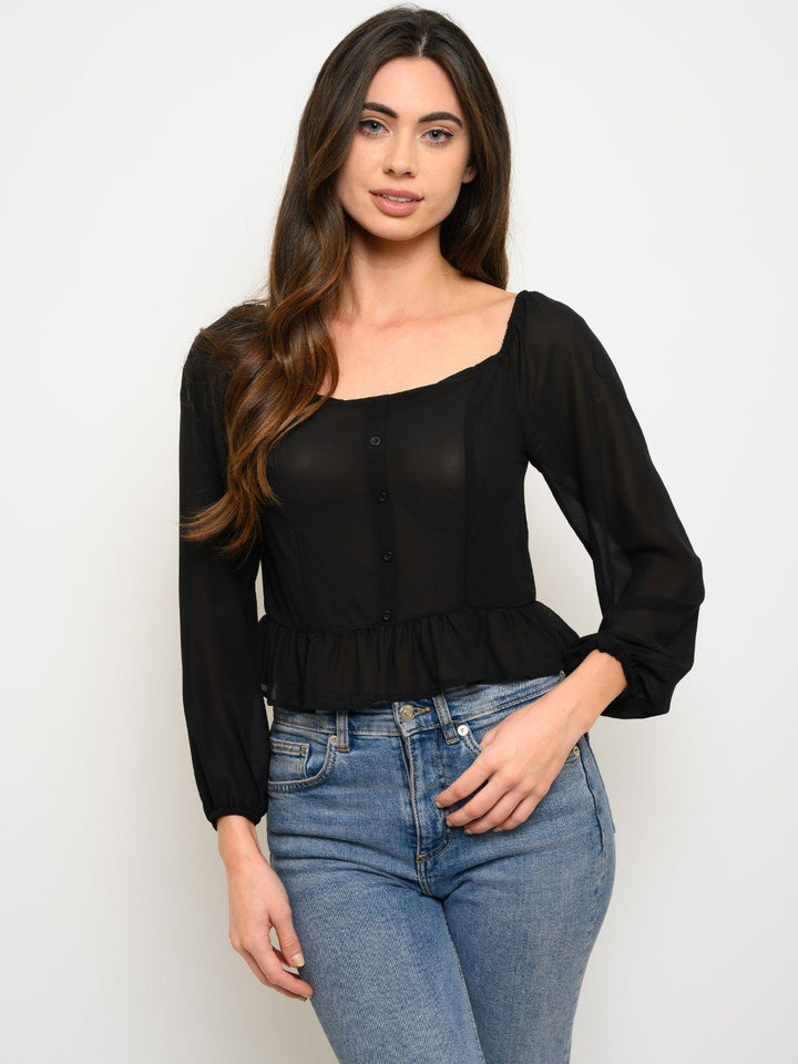 WOMEN'S LONG SLEEVE BUTTON DETAIL TOP