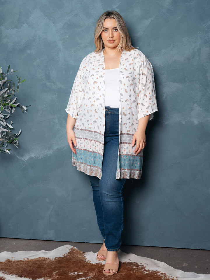 PLUS SIZE SHORT SLEEVE OPEN FRONT MULTI PRINT CARDIGAN