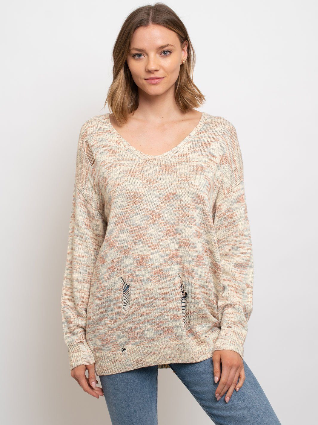 WOMEN'S MULTI COLOR DISTRESSED DETAIL SWEATER